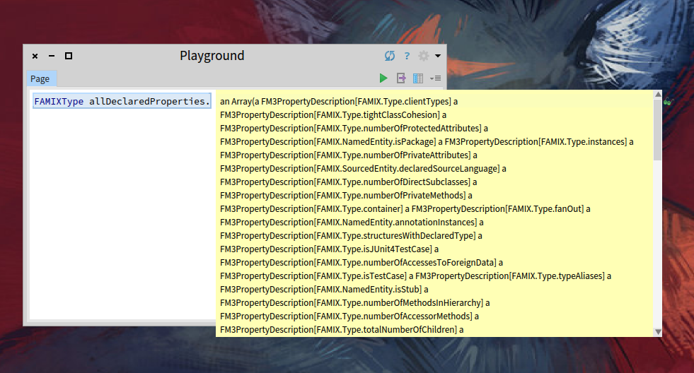 Screenshot of `FAMIXType allDeclaredProperties` result.